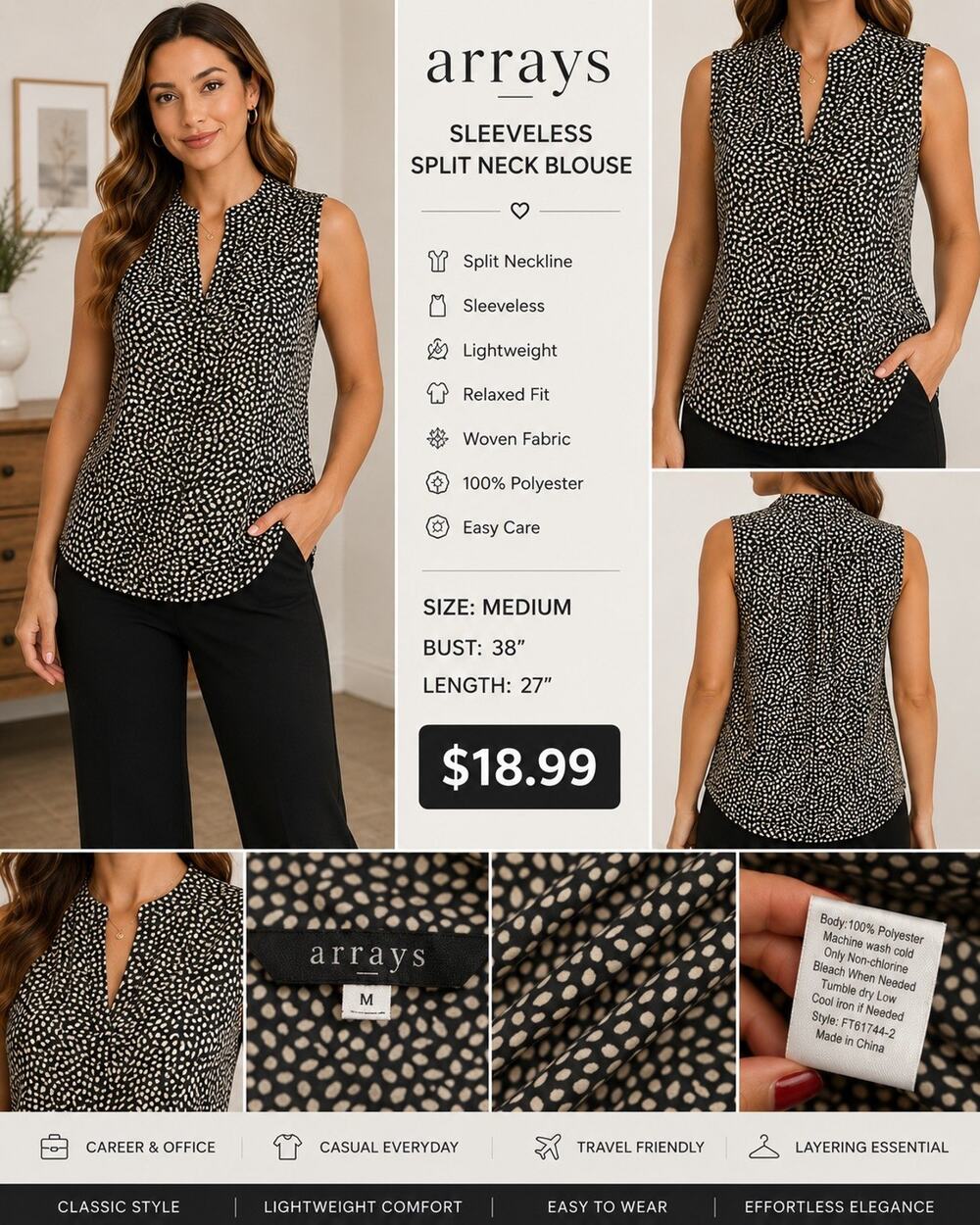Arrays Women’s M Sleeveless Blouse Black Cream Abstract Print Cowl Neck Career